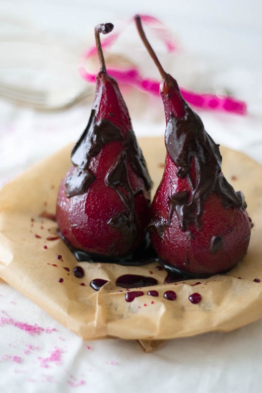 poached pears in red wine & chocolate glaze