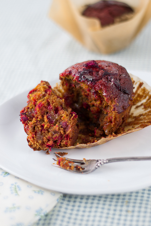 red beet flakes inside muffin