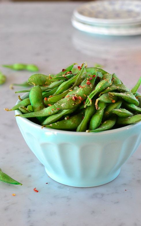 edamame with chili peppers, garlic and salt